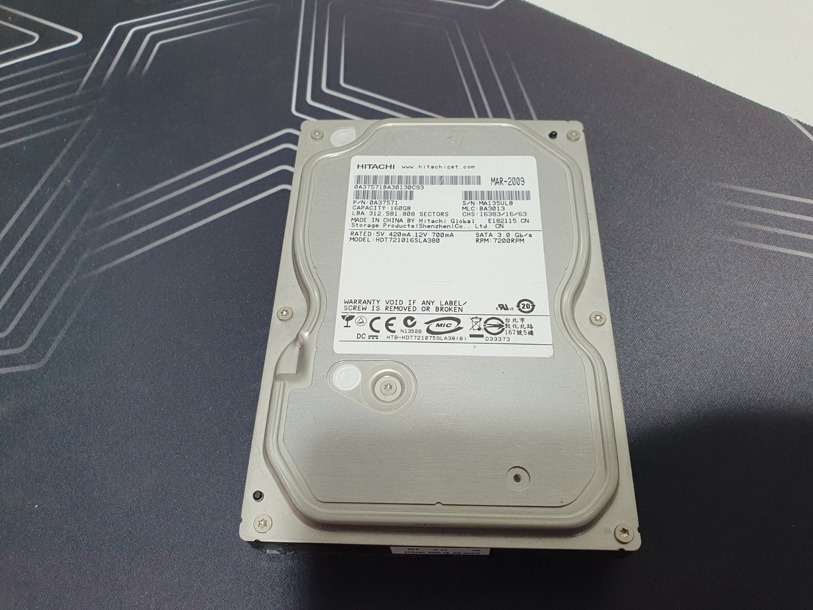 Hitachi 160GB HDD 3.5" SATA 7200RPM – geformatteerd, Computers en Software, Harde schijven, Zo goed als nieuw, Desktop, Intern