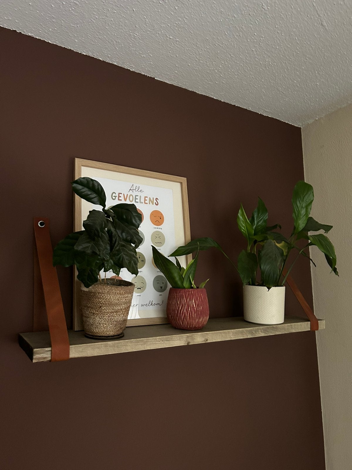 Stoere Steigerhouten Wandplank (100 cm) met Lederen Banden, Ophalen, Zo goed als nieuw