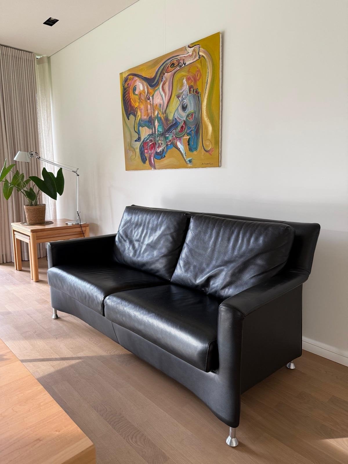 Leolux 2-zitsbank zwart leer, Ophalen, Gebruikt, 150 tot 200 cm, Tweepersoons