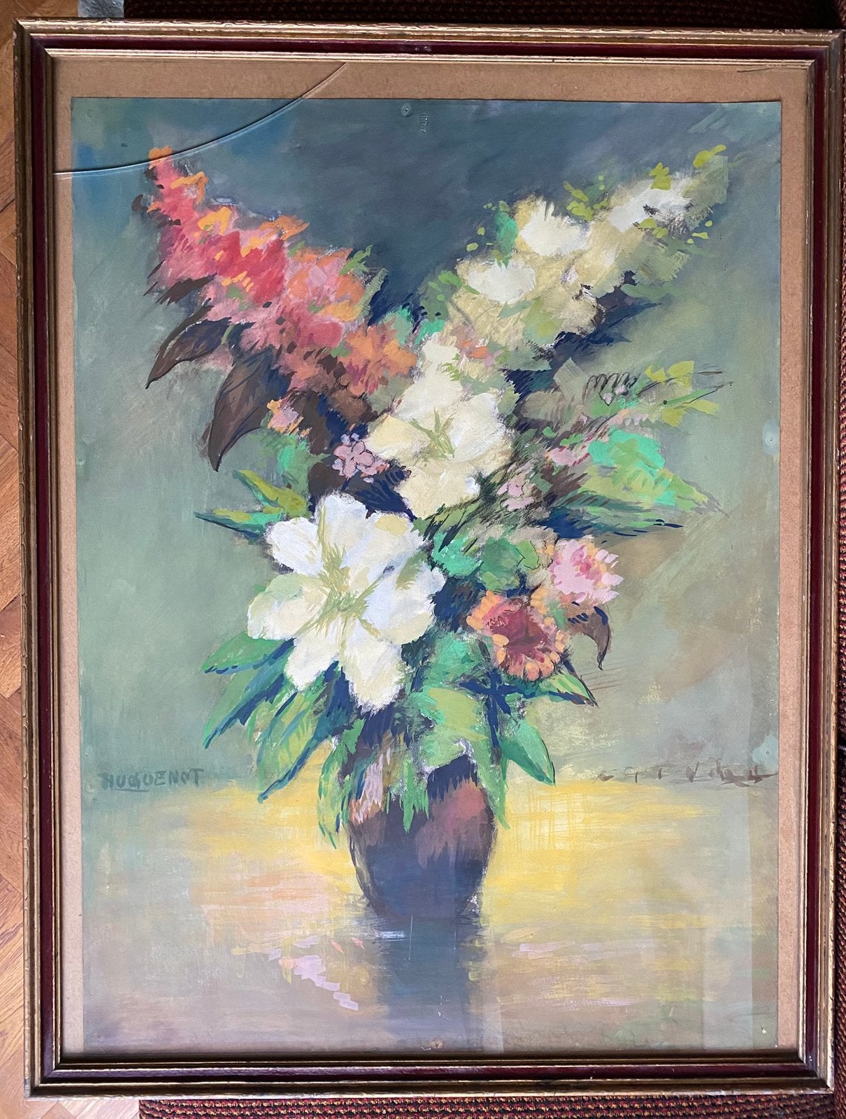 Stilleven met bloemen, grote aquarel achter glas, Ophalen