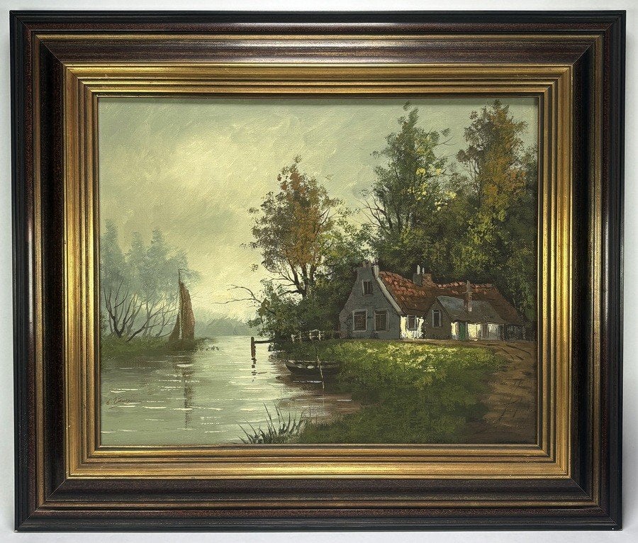 277. Olieverfschilderij – Hollands rivierlandschap, 20e eeuw, Ophalen