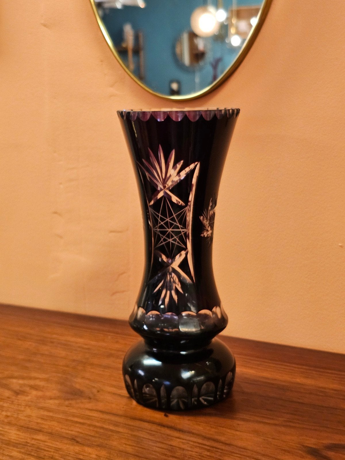 Antieke Boheemse Robijnrode Kristallen Vaas Geslepen Glas, Ophalen of Verzenden