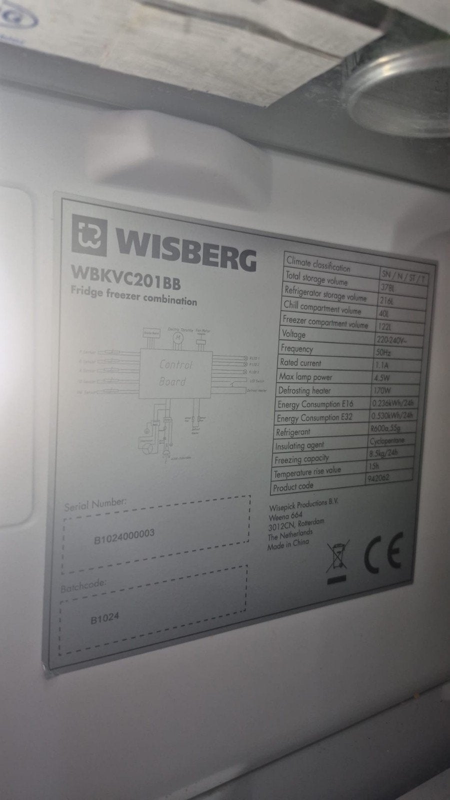 Wisberg WBKVC201BB Koel-vriescombinatie - Zwart, Ophalen, 200 liter of meer, Met aparte vriezer, 160 cm of meer