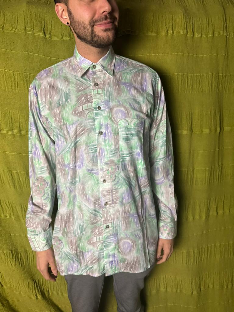 Vintage overhemd / shirt - katoen - print - groen-M/medium, Hgv, Hgv, Gedragen, Halswijdte 39/40 (M)