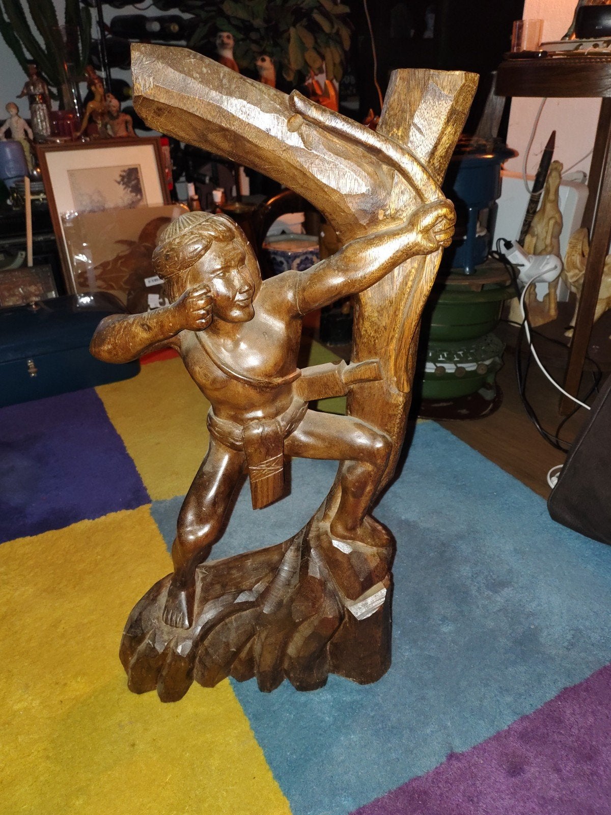 Balinees Art Deco Houtsnijwerk Boogschutter - Hardhout, Antiek en Kunst, Kunst | Beelden en Houtsnijwerken, Houtsnijwerk, Art deco