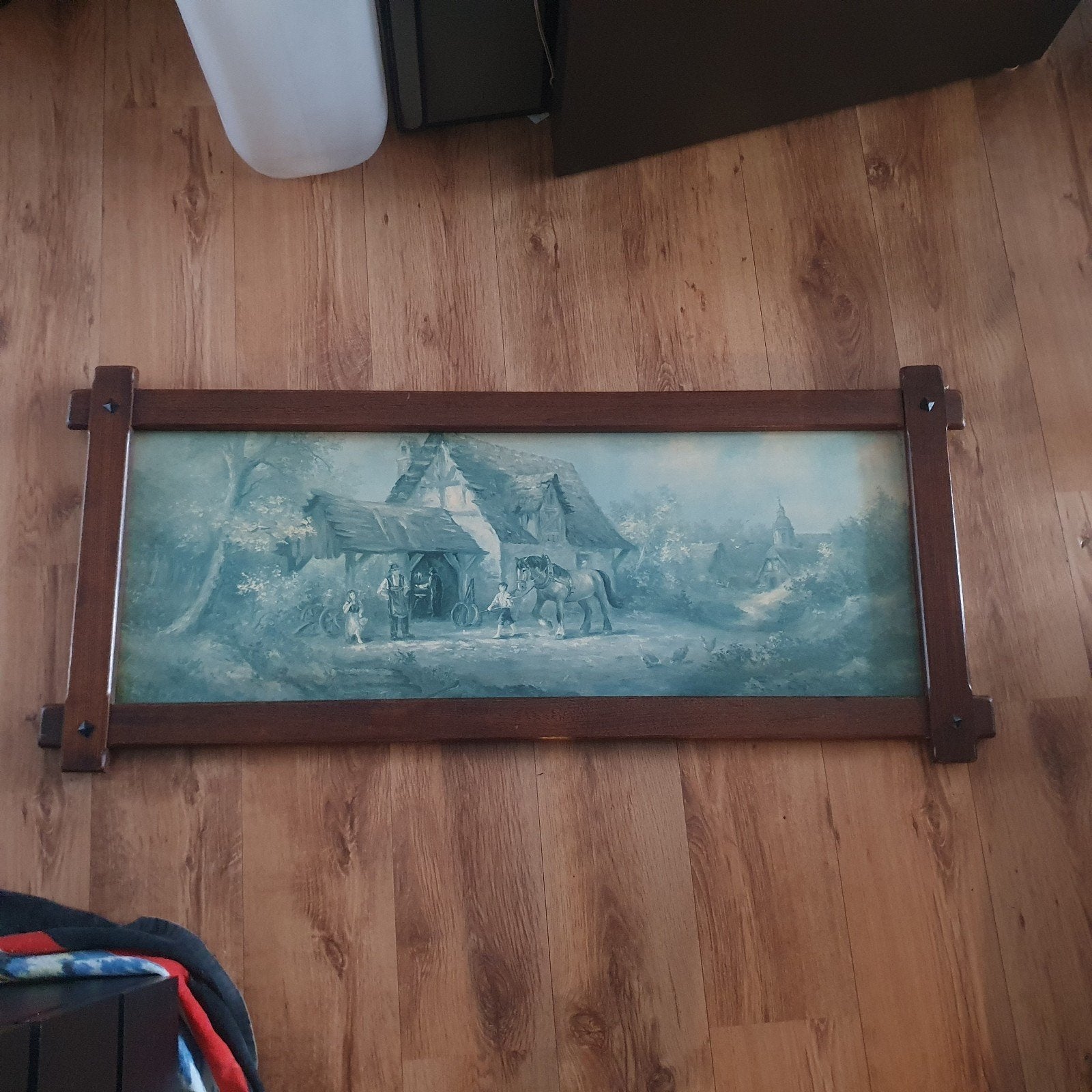 Vintage houten schilderij / prent "Voor de smidse" – Peatz, Ophalen, Rechthoekig, 100 tot 150 cm, Minder dan 100 cm