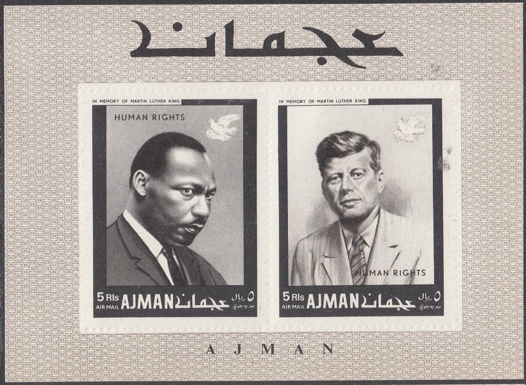 M.L. King en J.F. Kennedy op blok 44 A Ajman Human Rights, Postzegels en Munten, Ophalen of Verzenden, Postfris, Overige thema's