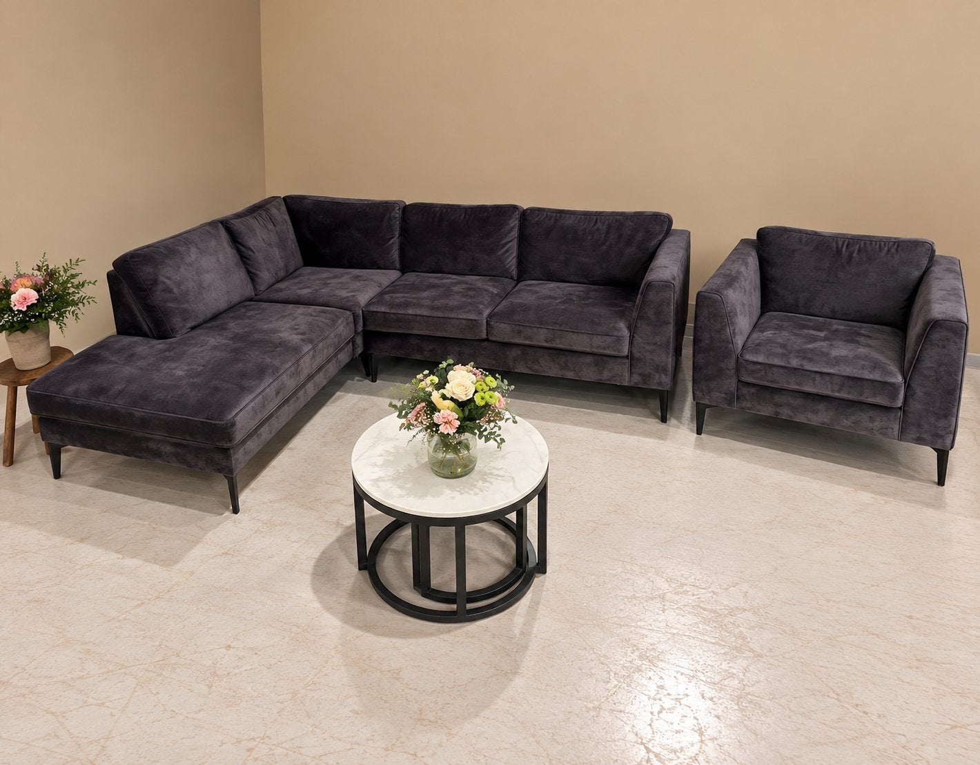 Wood Zwarte Velvet Hoekbank met Fauteuil - Nieuwstaat