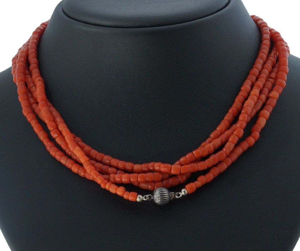 Bloedkoraal ketting vintage lang model zilver bol slot dame, Ophalen of Verzenden, Zilver, Ketting, Met edelsteen