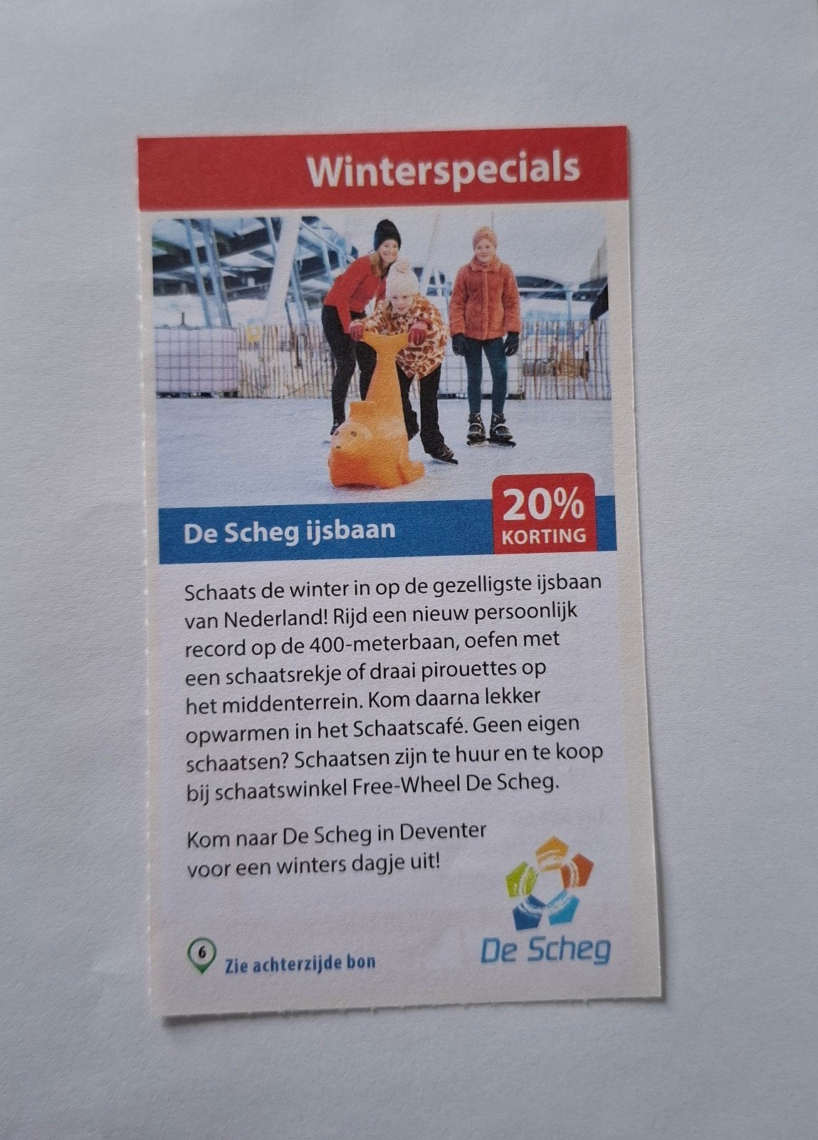 Kortingsbon De Scheg ijsbaan 20% korting, Drie personen of meer, Kortingsbon, Overige typen