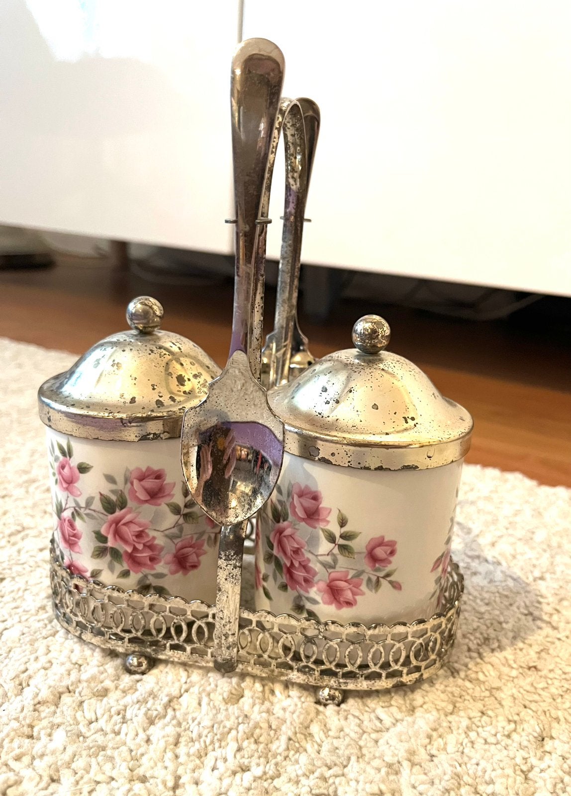 Wedgwood verzilverd suikerpotten in houder, Ophalen of Verzenden, Zilver