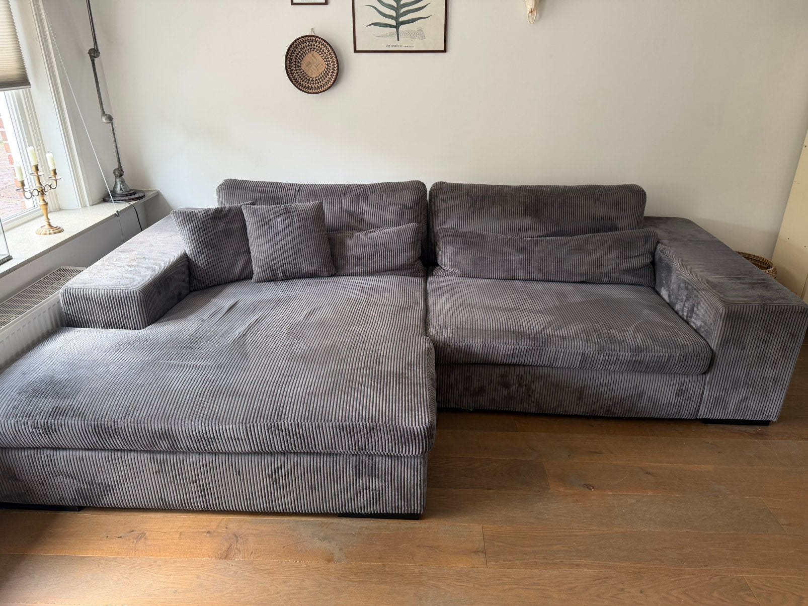 Luxe Bruce Hoekbank, Antraciet Ribstof, Incl.Kussens, Ophalen, Gebruikt, Stof
