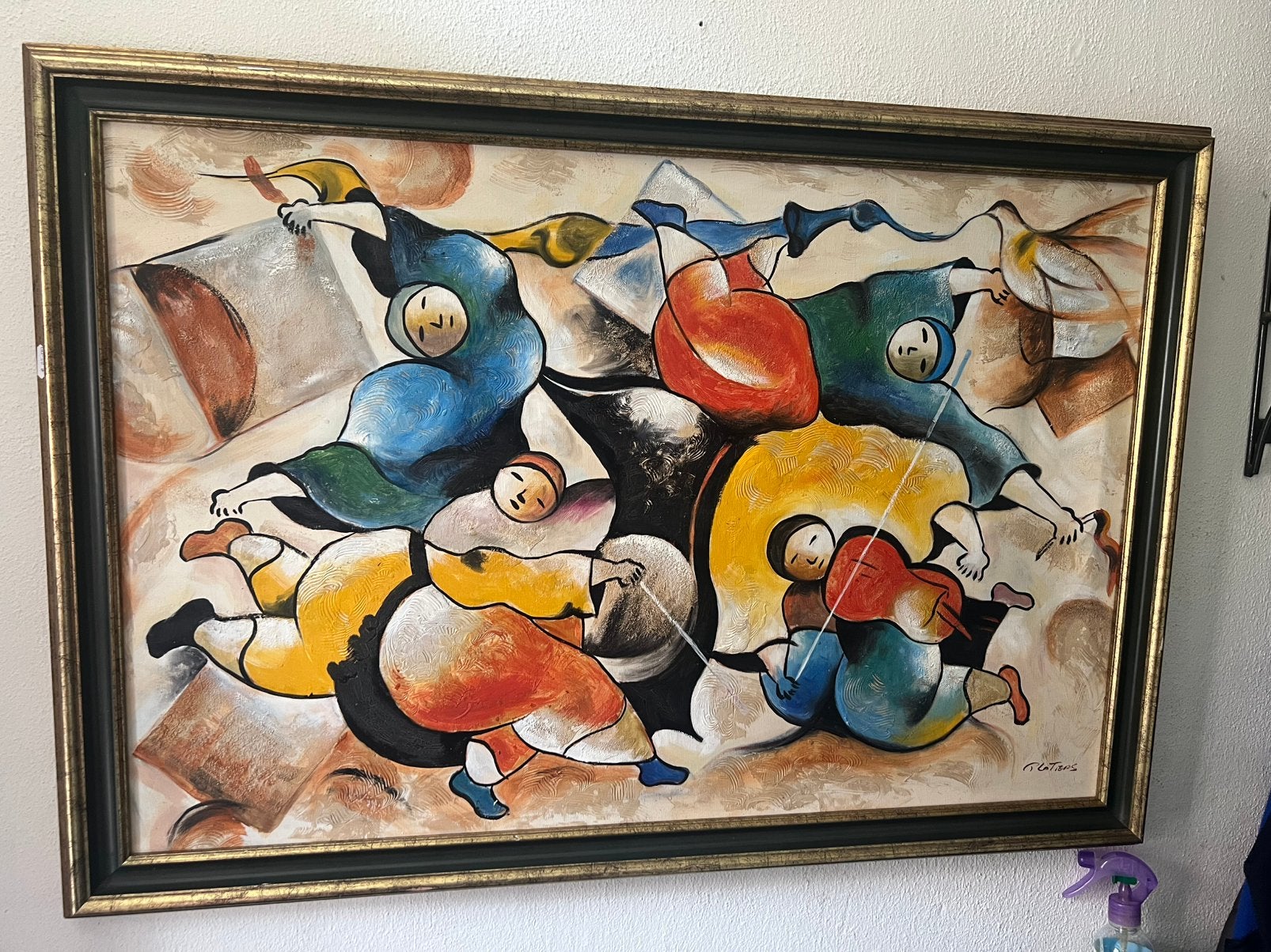 Abstract Schilderij met Mensfiguren - Gesigneerd, Antiek en Kunst, Ophalen of Verzenden