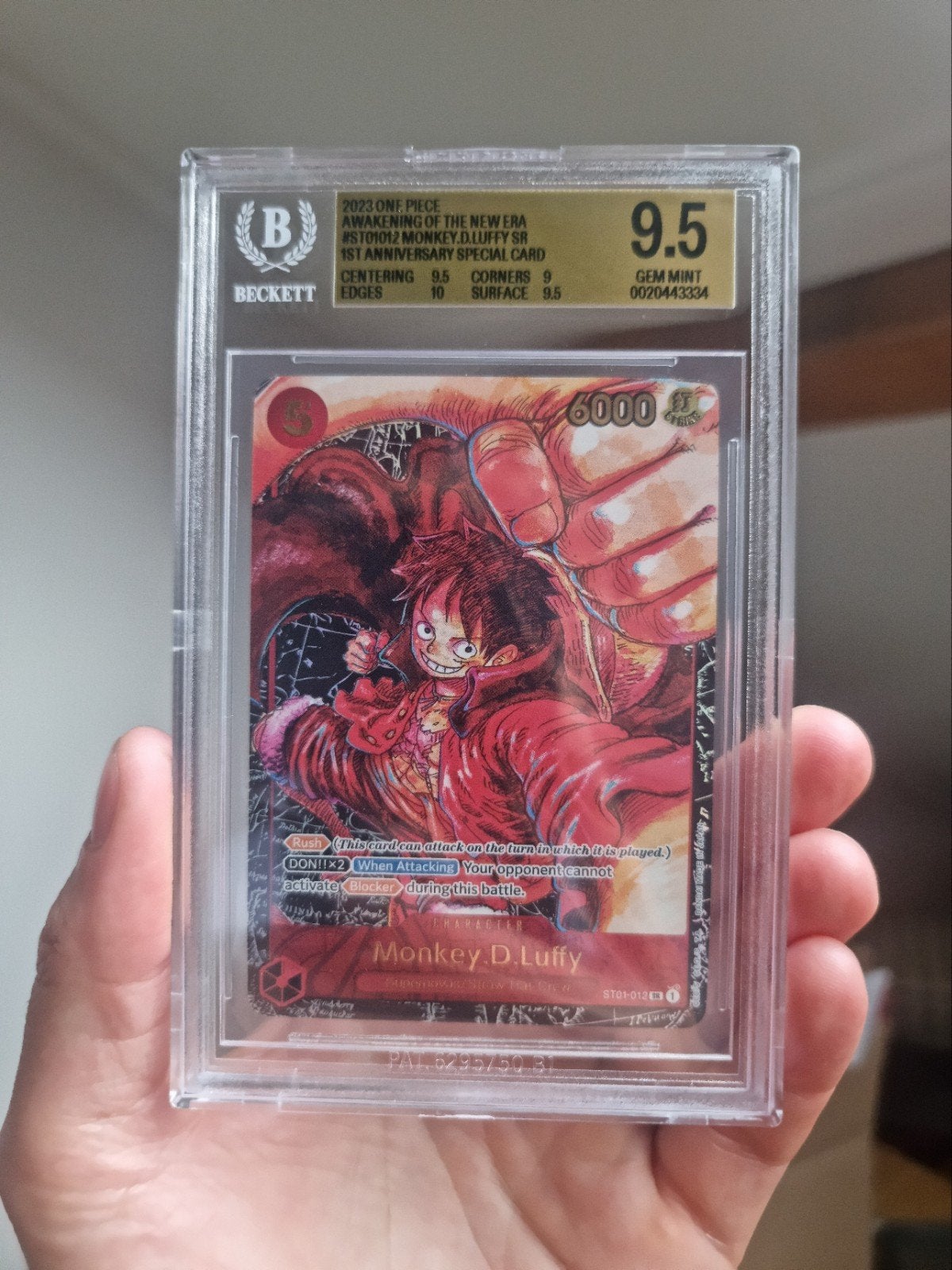 One Piece Monkey D. Luffy SR 1st Anniversary BGS 9.5, Ophalen of Verzenden, Zo goed als nieuw