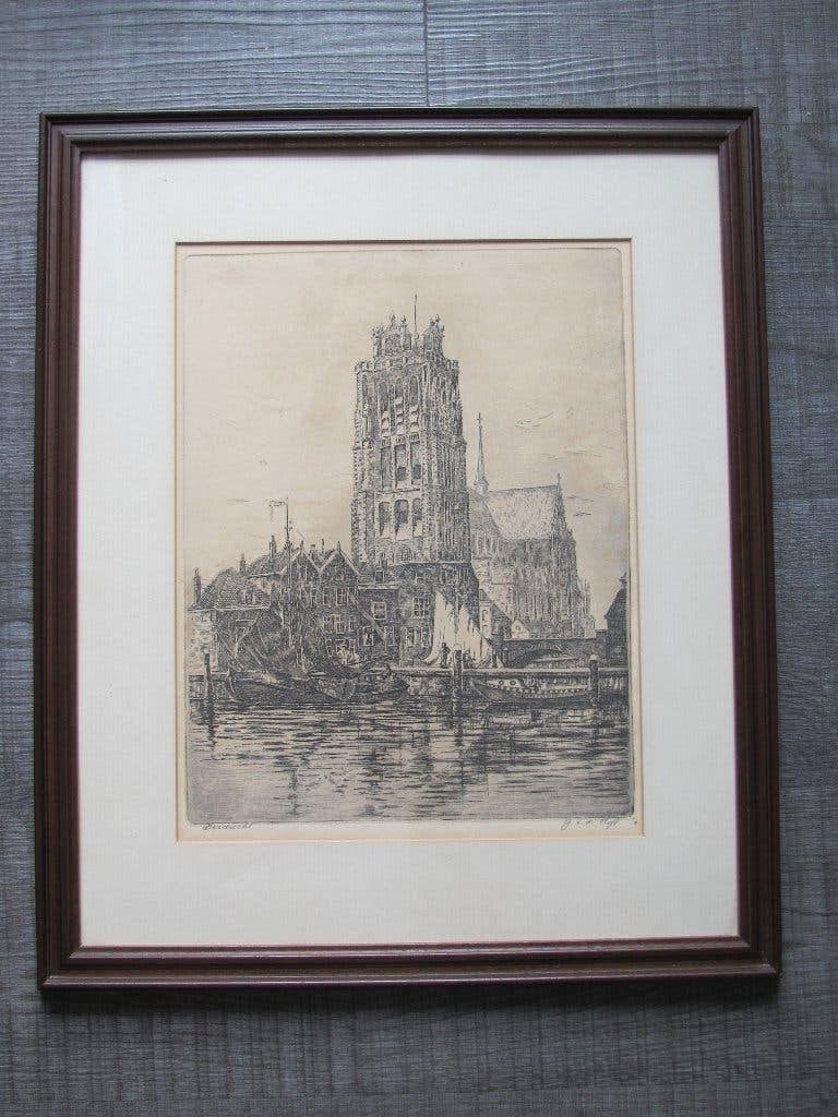 Grote ets van Dordrecht - G. v.d. Hoff, Stadsgezicht, Ophalen of Verzenden, Origineel, 37 cm