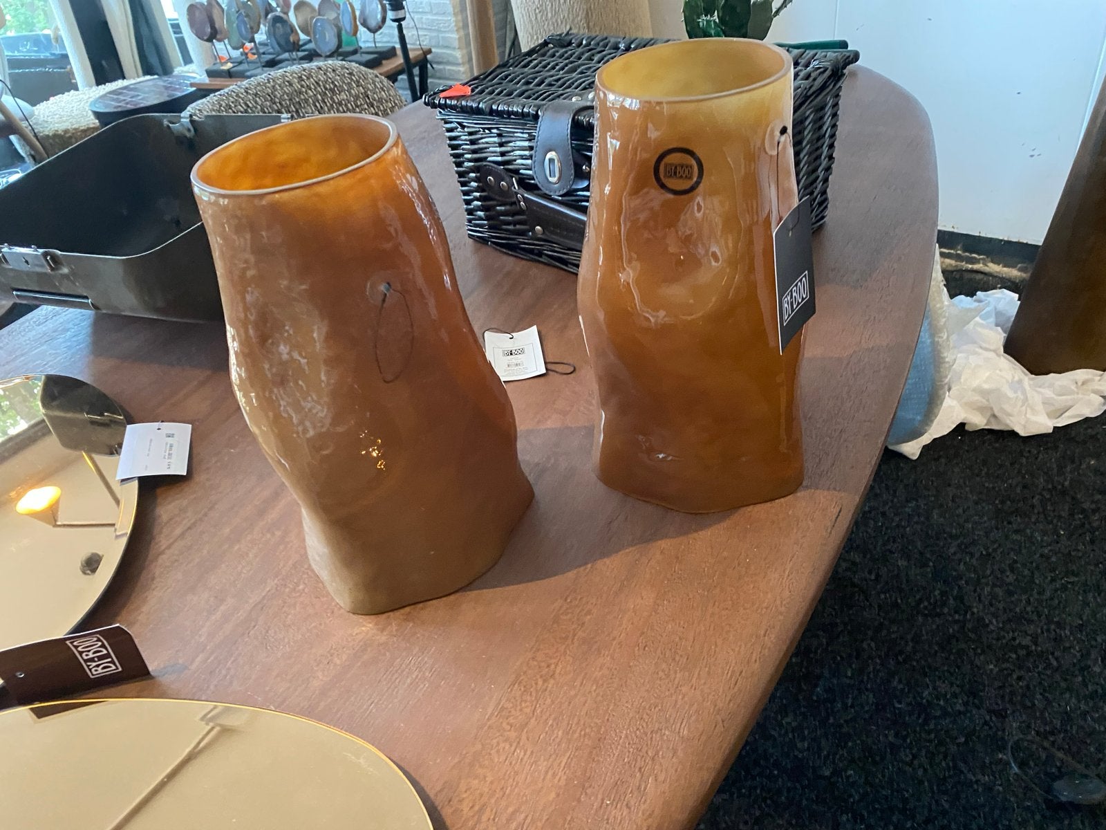 Set van 2 caramelkleurige glazen vazen organische vorm, Huis en Inrichting, Ophalen, Nieuw, Bruin, Glas