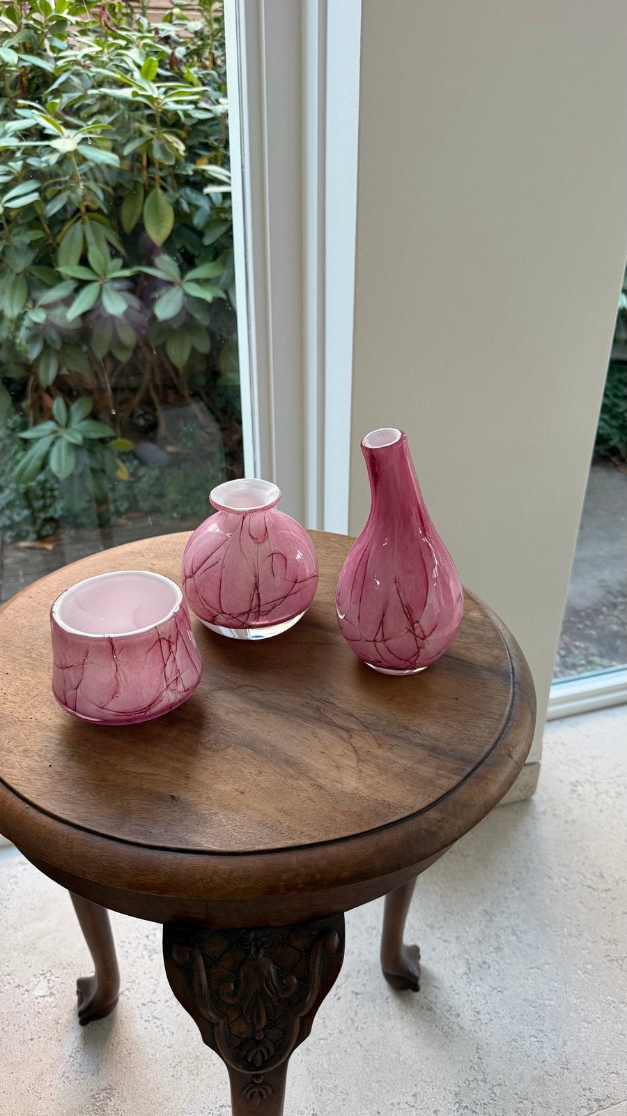 Dutz vazen set van 3 - Roze glas met uniek patroon, Handgemaakt, Ophalen of Verzenden, Roze, Glas