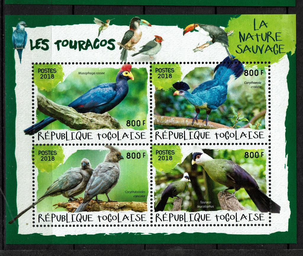 TOGO 2018 PF BLOK TOERAKO TOURACO VOGELS BIRDS 3, Ophalen of Verzenden, Postfris, Dier of Natuur