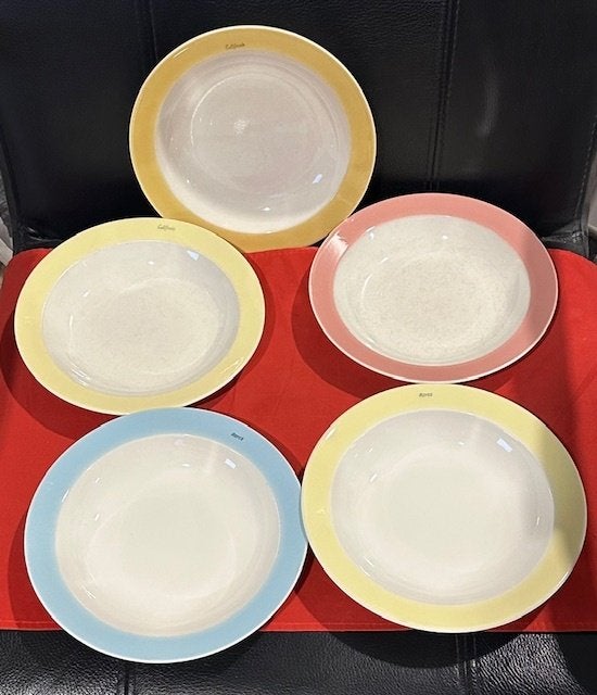 5x diep bord/soepbord pastel blauw/geel Regout, Royal Sphinx, Ophalen, Gebruikt, Bord(en), Overige stijlen