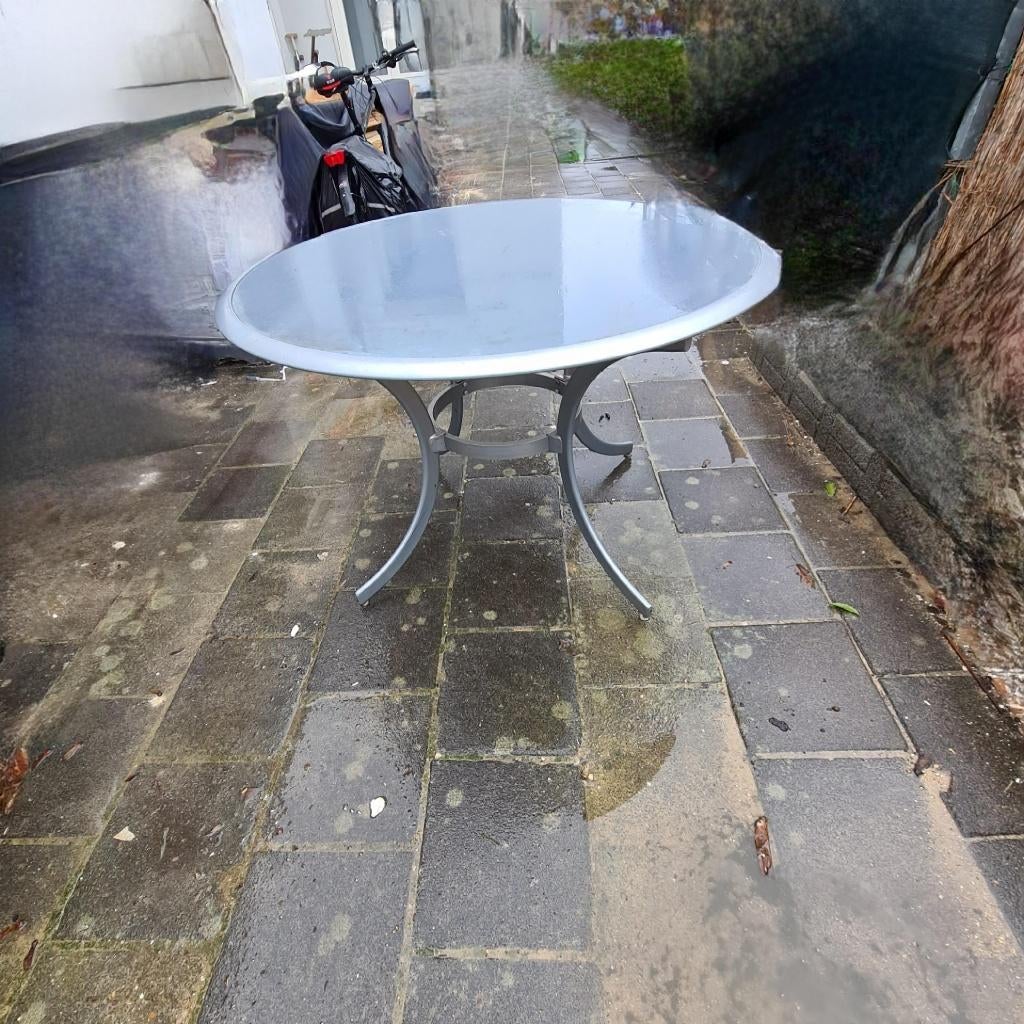 Ronde aluminium terrastafel met glasplaat, Tuin en Terras, Ophalen, Gebruikt, Rond, Aluminium