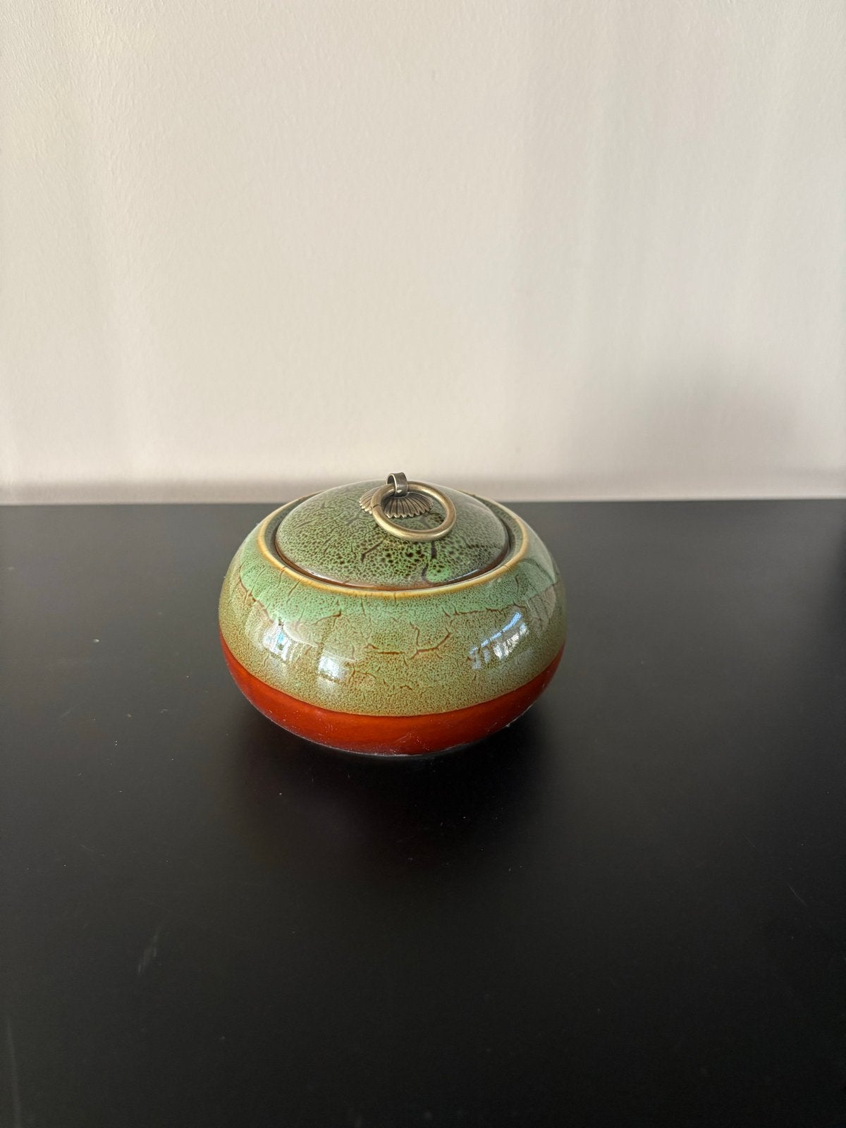Keramieken Urn 120 ml - Groen/Rood met Craquelé Glazuur, Antiek en Kunst, Antiek | Keramiek en Aardewerk, Ophalen of Verzenden