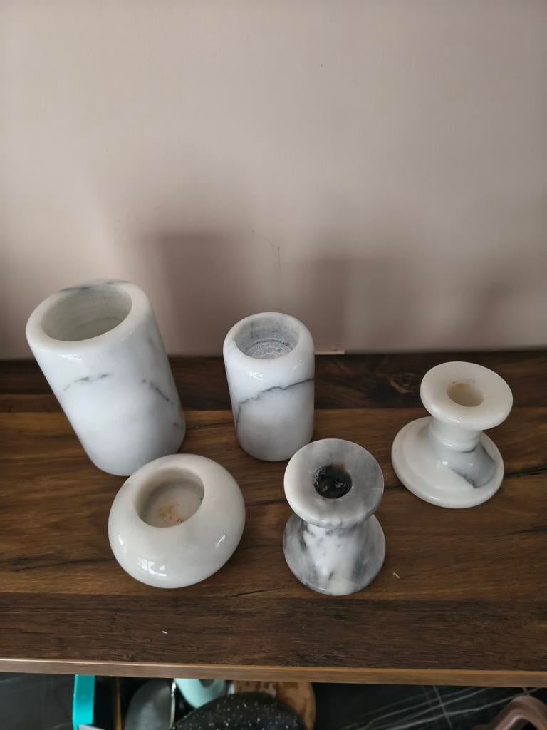 Set van 6 marmeren vaasjes/kandelaren voor sfeer, Overige materialen, Gebruikt, Wit, Ophalen of Verzenden