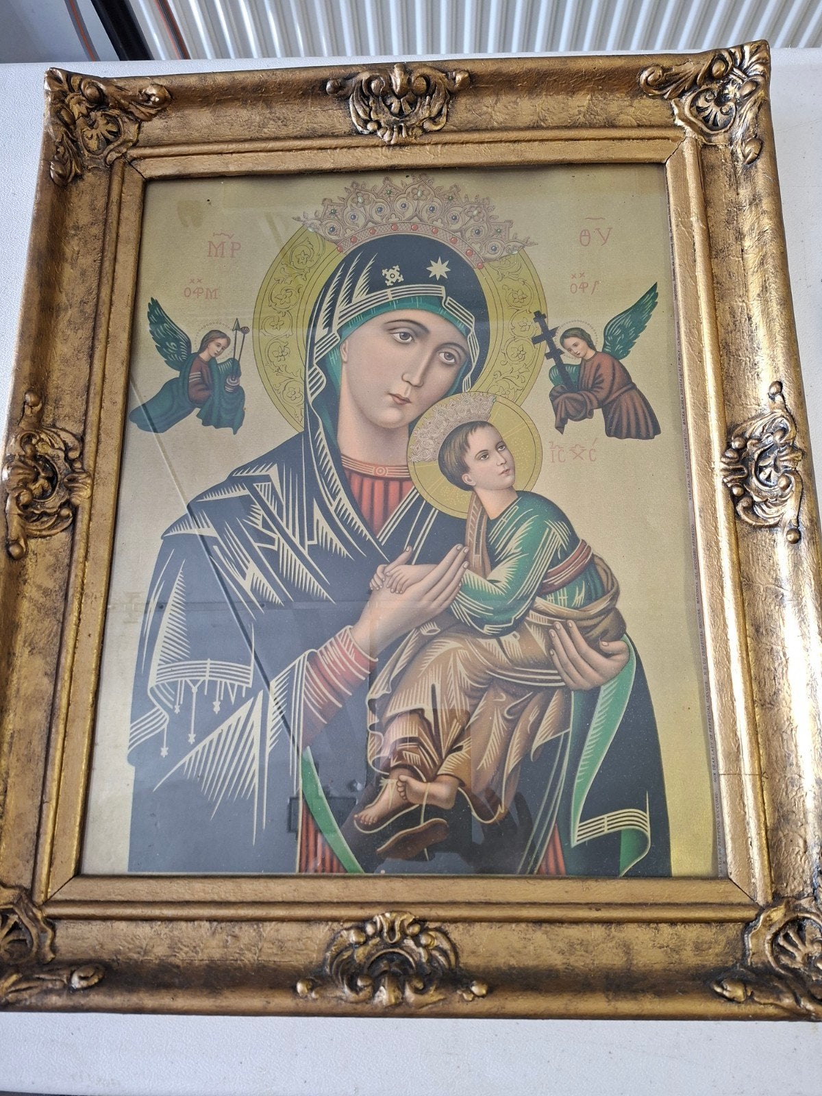 Antieke icoon van Maria met kind in sierlijke lijst, Antiek en Kunst, Ophalen