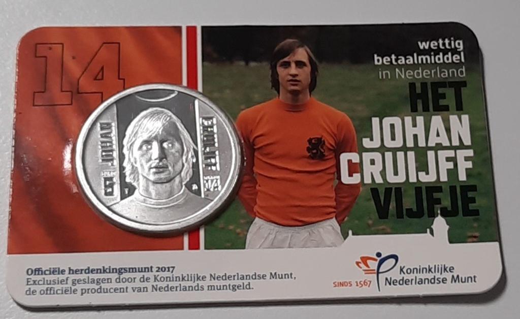 Johan Cruijff Vijfje 2017 - Zwaar Verzilverde €5 Munt, Postzegels en Munten, Munten | Nederland, Koningin Beatrix, Zilver, Euro's