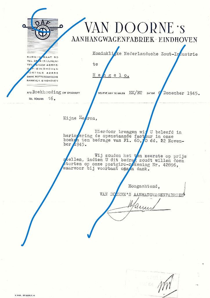 Daf van Doorne 1945 document herinnering factuur, Ophalen of Verzenden, Zo goed als nieuw, Overige merken