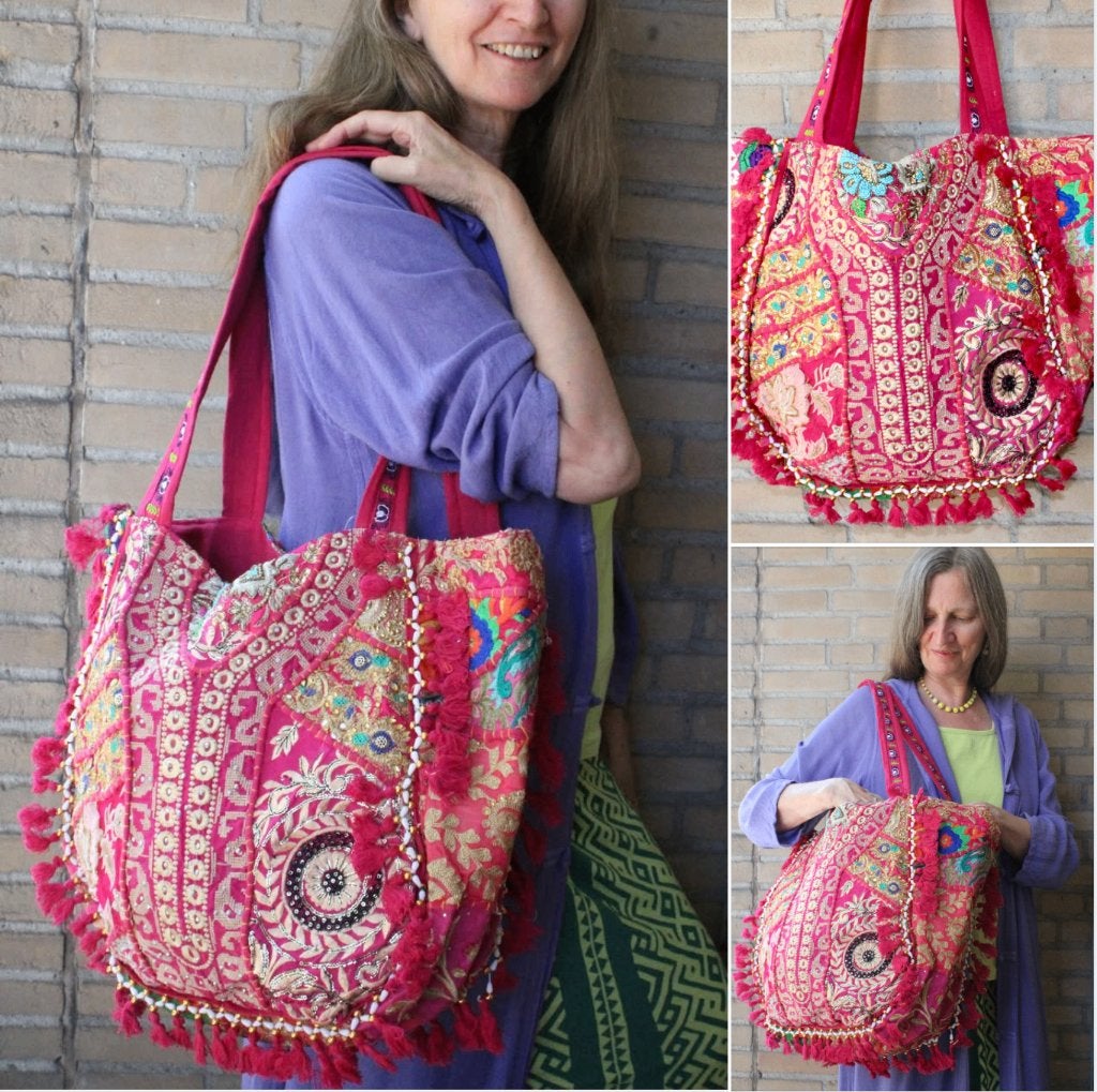 Tote bag XL pink goudgeborduurde Boho hippy tas strandtas, Ophalen of Verzenden, Nieuw, Roze, Shopper