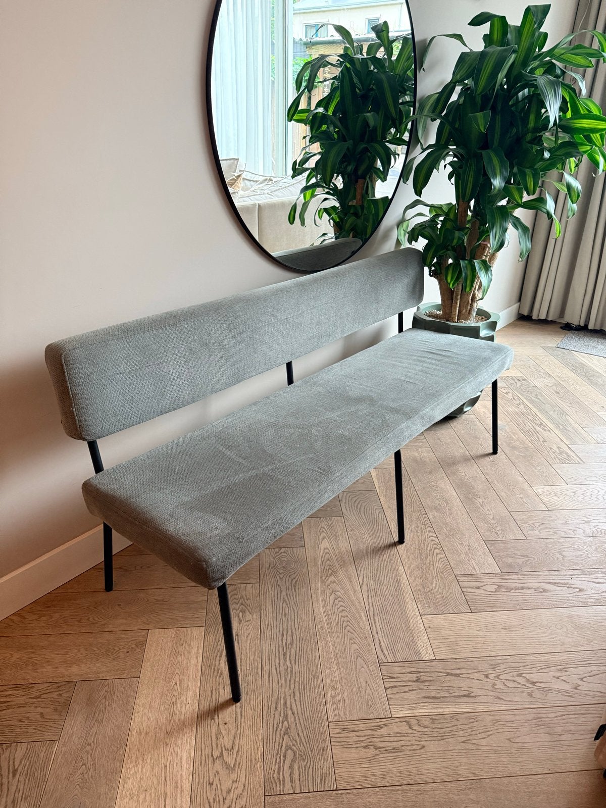 Eetkamerbank met rugleuning - groene stof, Ophalen, Gebruikt, Minder dan 75 cm, 150 tot 200 cm