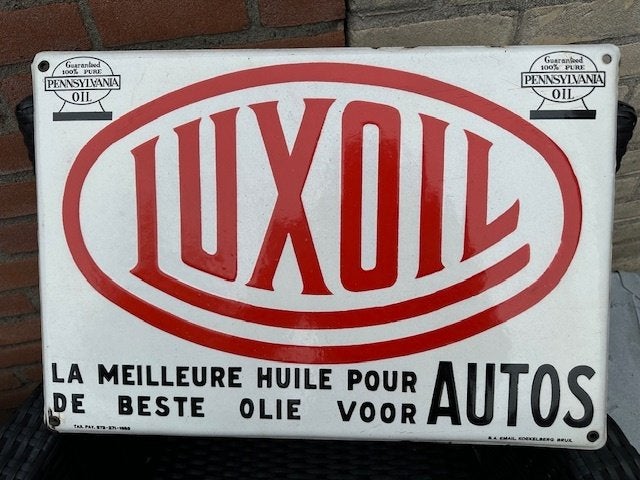 Emaille LUXOIL bord. Pennsylvania oil. Olie voor auto's 1932, Ophalen of Verzenden, Gebruikt, Reclamebord