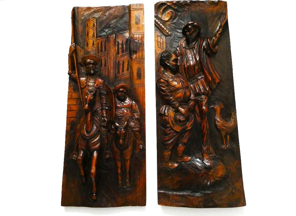 Don Quichot paard en Sancho Panza ezel houtgesneden paneel, Antiek en Kunst, Kunst | Beelden en Houtsnijwerken, Ophalen of Verzenden