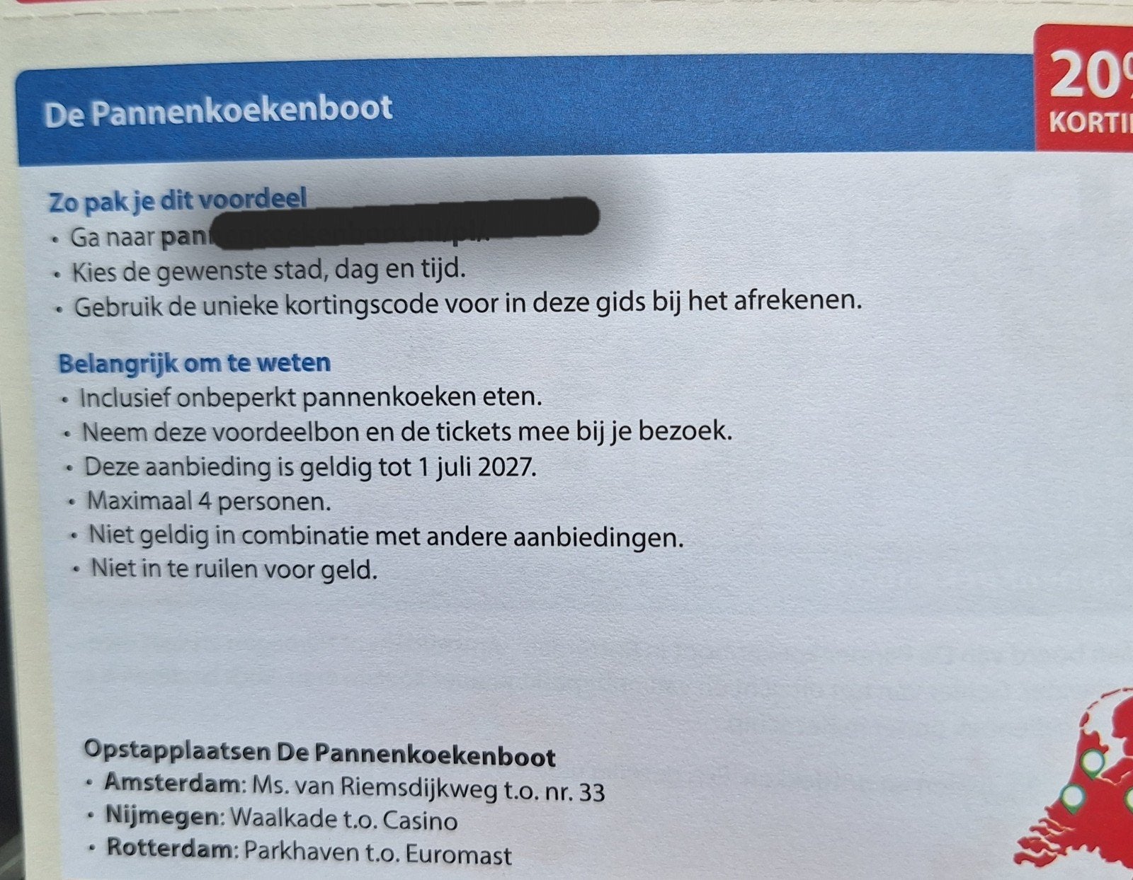Pannenkoekenboot Nijmegen Rotterdam,Amsterdam 20% korting, Tickets en Kaartjes, Drie personen of meer, Kortingsbon