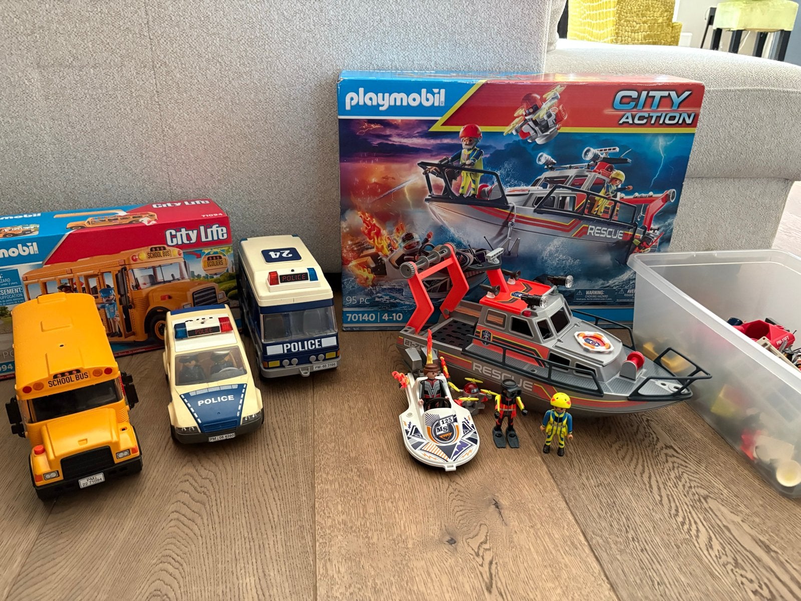 Grote Playmobil set: City Action boot, politie, schoolbus, Kinderen en Baby's, Gebruikt, Complete set, Ophalen of Verzenden, City action