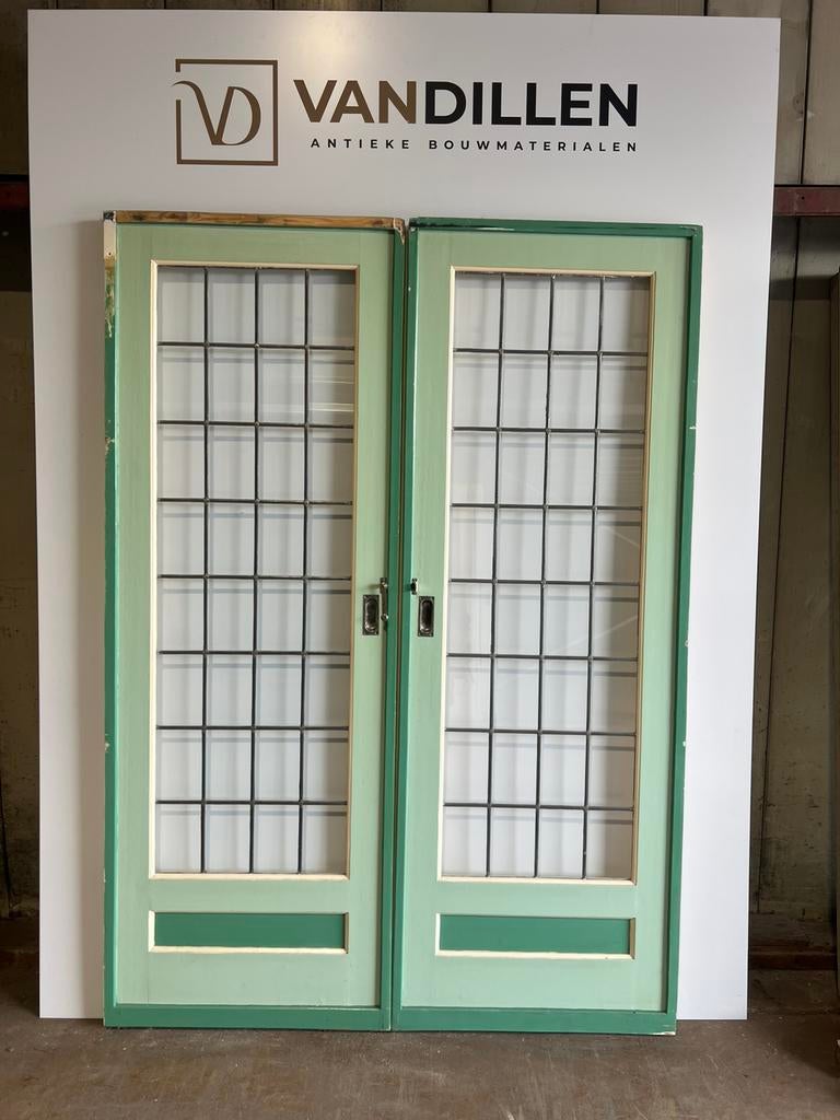Antieke ensuite/schuifdeuren glas in lood + sluiting