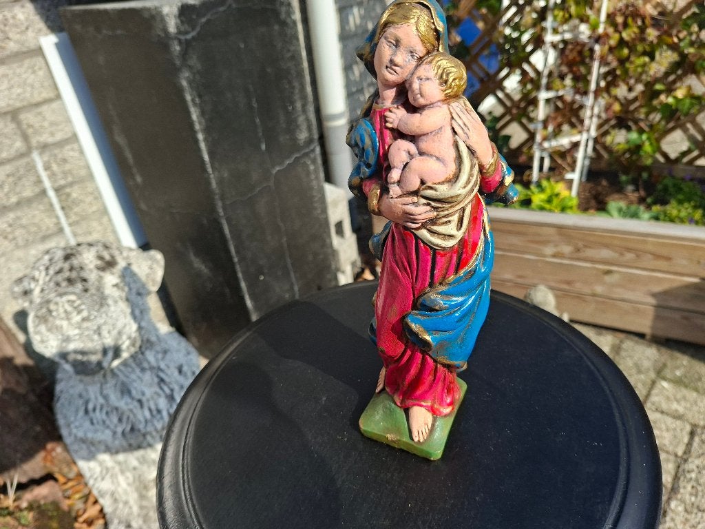 antiek mooie gekleurde maria beeld met baby christus, Ophalen of Verzenden