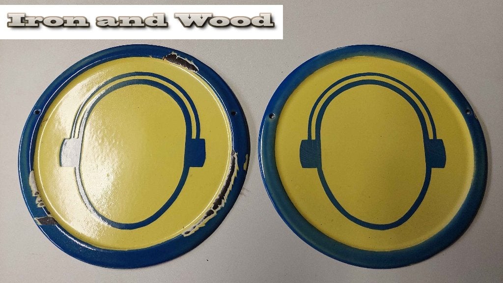 Oud geel/ blauw wandbord met hoofdtelefoon - emaille - 25 cm, Ophalen of Verzenden