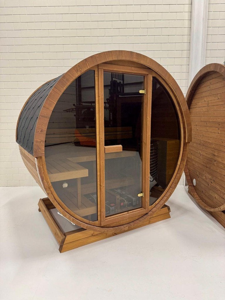 Elektrische Buitensauna Q-Barrel 215 x 167 | Sauna Qrest, Ophalen of Verzenden, Nieuw, Fins of Traditioneel, Complete sauna
