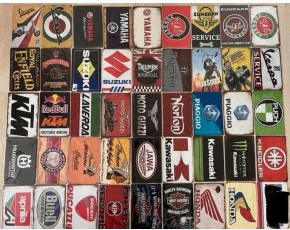 Metalen wandbord motoren 20x30 cm. Prijs is per st. 3voor21€, Verzamelen, Ophalen of Verzenden, Zo goed als nieuw, Reclamebord