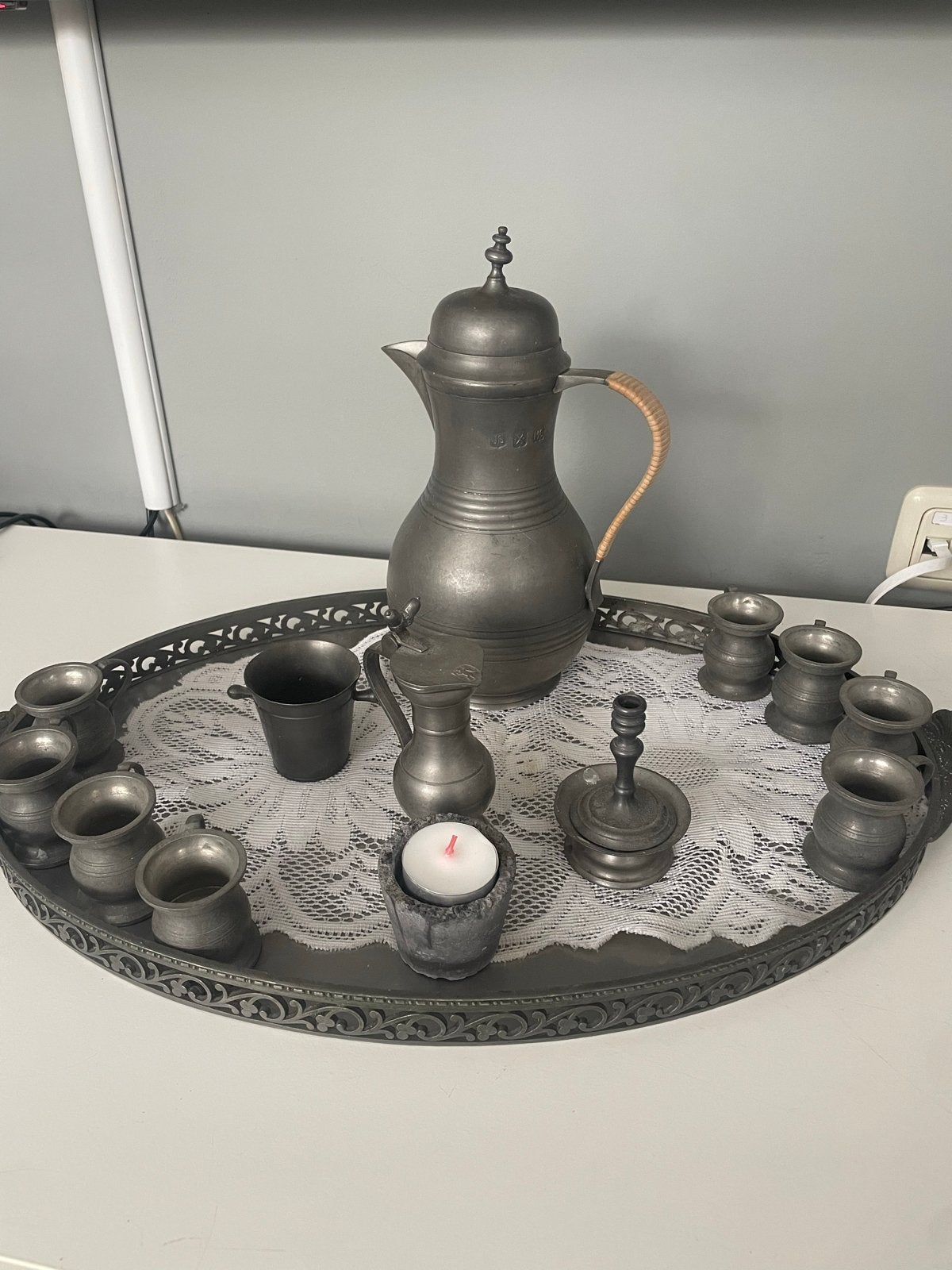 Antiek tinnen theeservies met dienblad, Ophalen of Verzenden