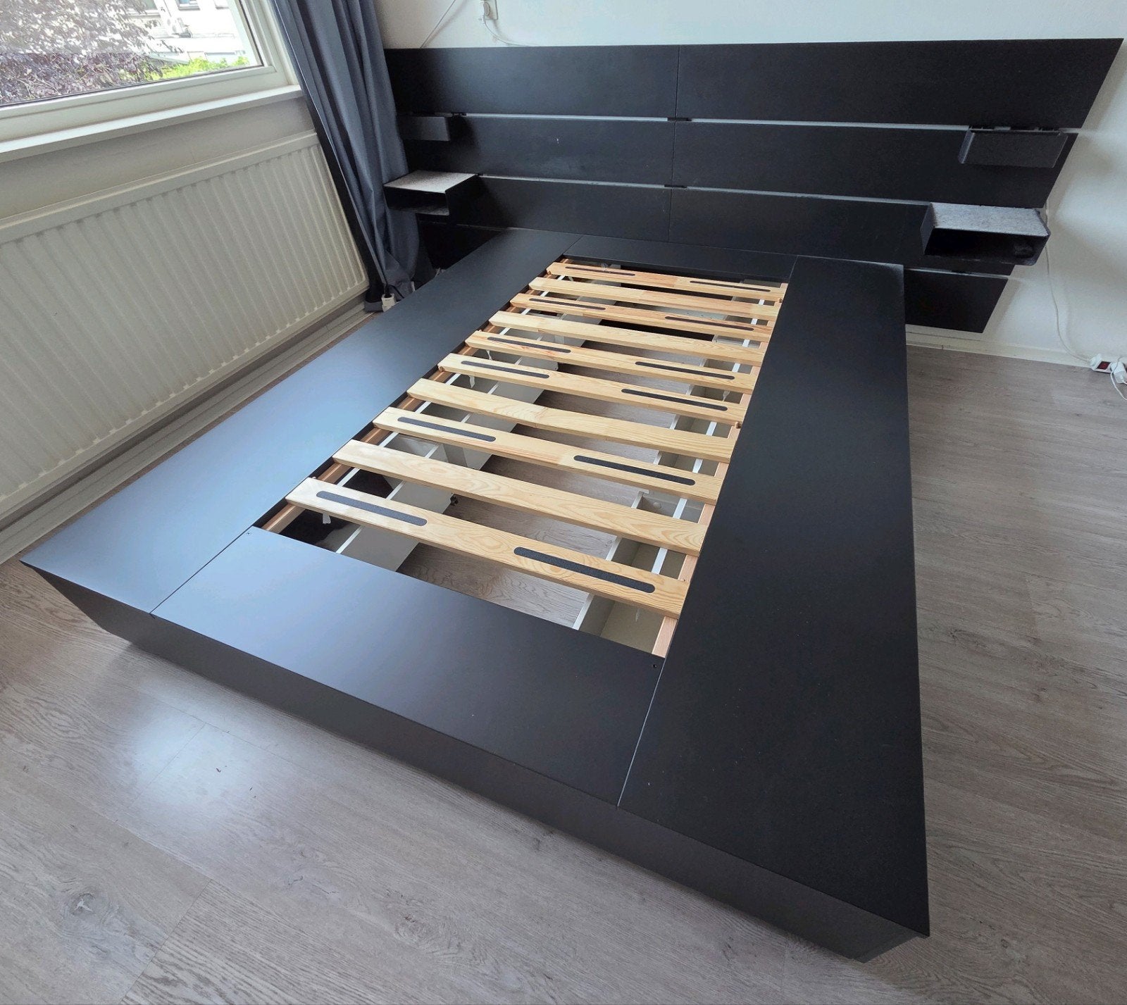 Zwart bedframe met latten en lades als NORDLI van de IKEA, Ophalen, Gebruikt, Zwart, Tweepersoons