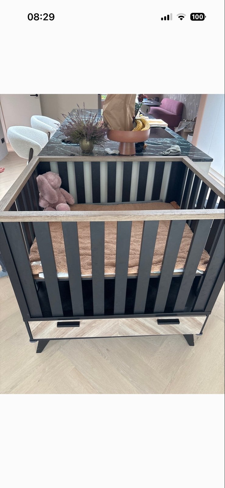 Interbaby Babybox Visgraat met Lade - Zwart/Hout, Kinderen en Baby's, Ophalen, Gebruikt, Vierkant, Lade