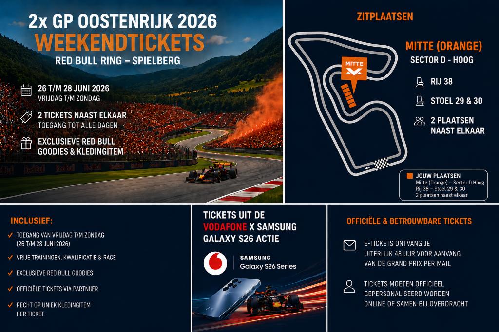 2x GP Oostenrijk 2026 Verstappen Tribune Tickets - Vodafone, Twee personen, Meerdaags