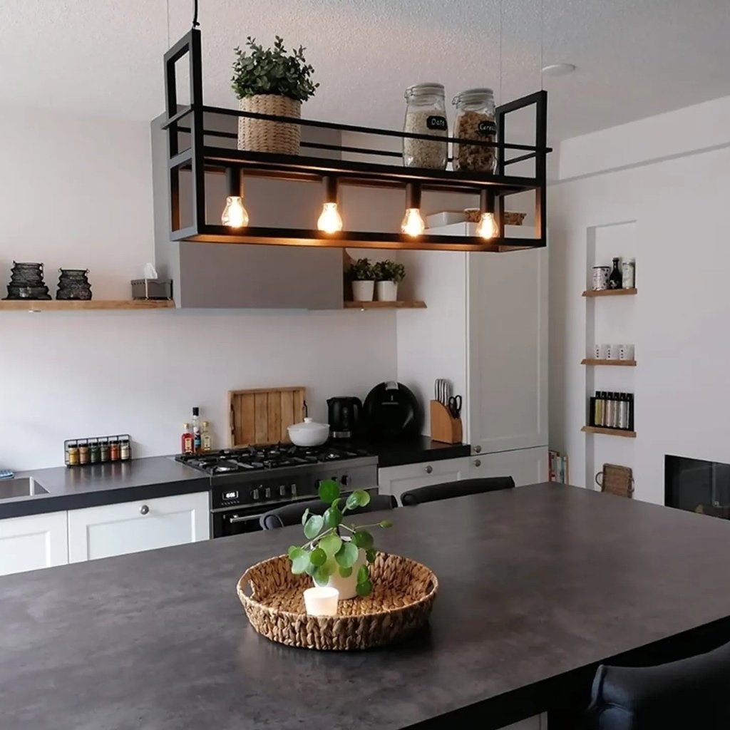 QAZQA Hanglamp zwart met rek 4-lichts - Cage Rack, Ophalen, E27 (groot), Zo goed als nieuw, Metaal