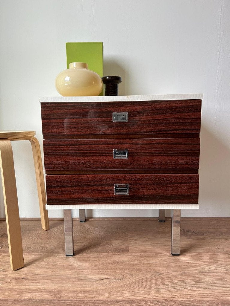 Set vintage mid century palissander / chroom nachtkastjes