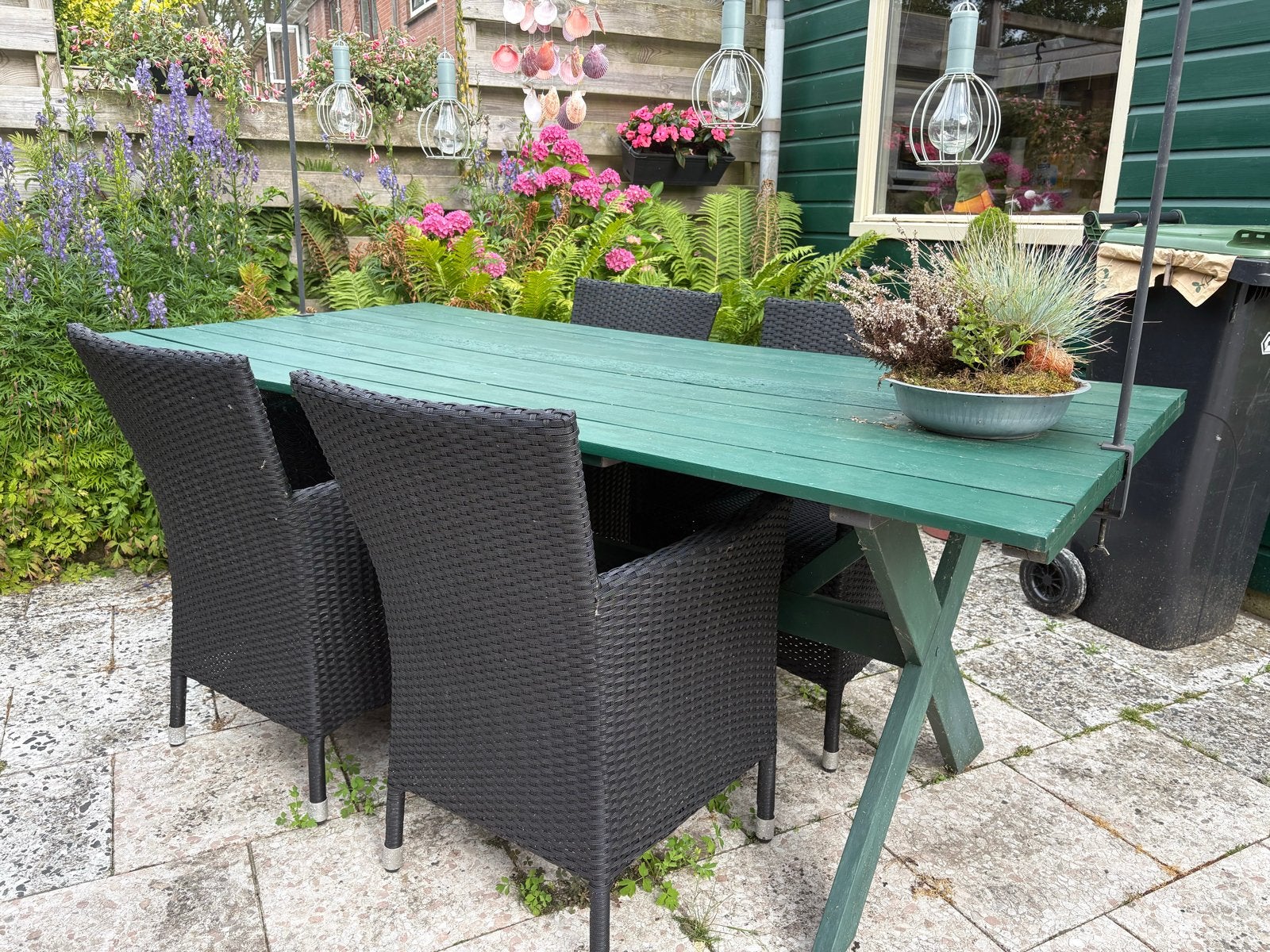 Robuuste tuintafel met 4 stoelen - Groen hout, Ophalen, Gebruikt, Rechthoekig, Hout