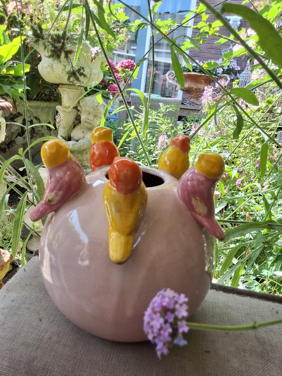 Unieke roze vogel vaas kleurrijke vogeltjes, daan kromhout, Ophalen of Verzenden