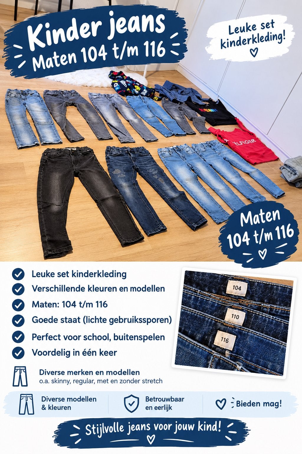 Set kinderjeans maat 104-116, 33 - 40 uur, Overige niveaus, Vanaf 10 jaar, Overige vormen