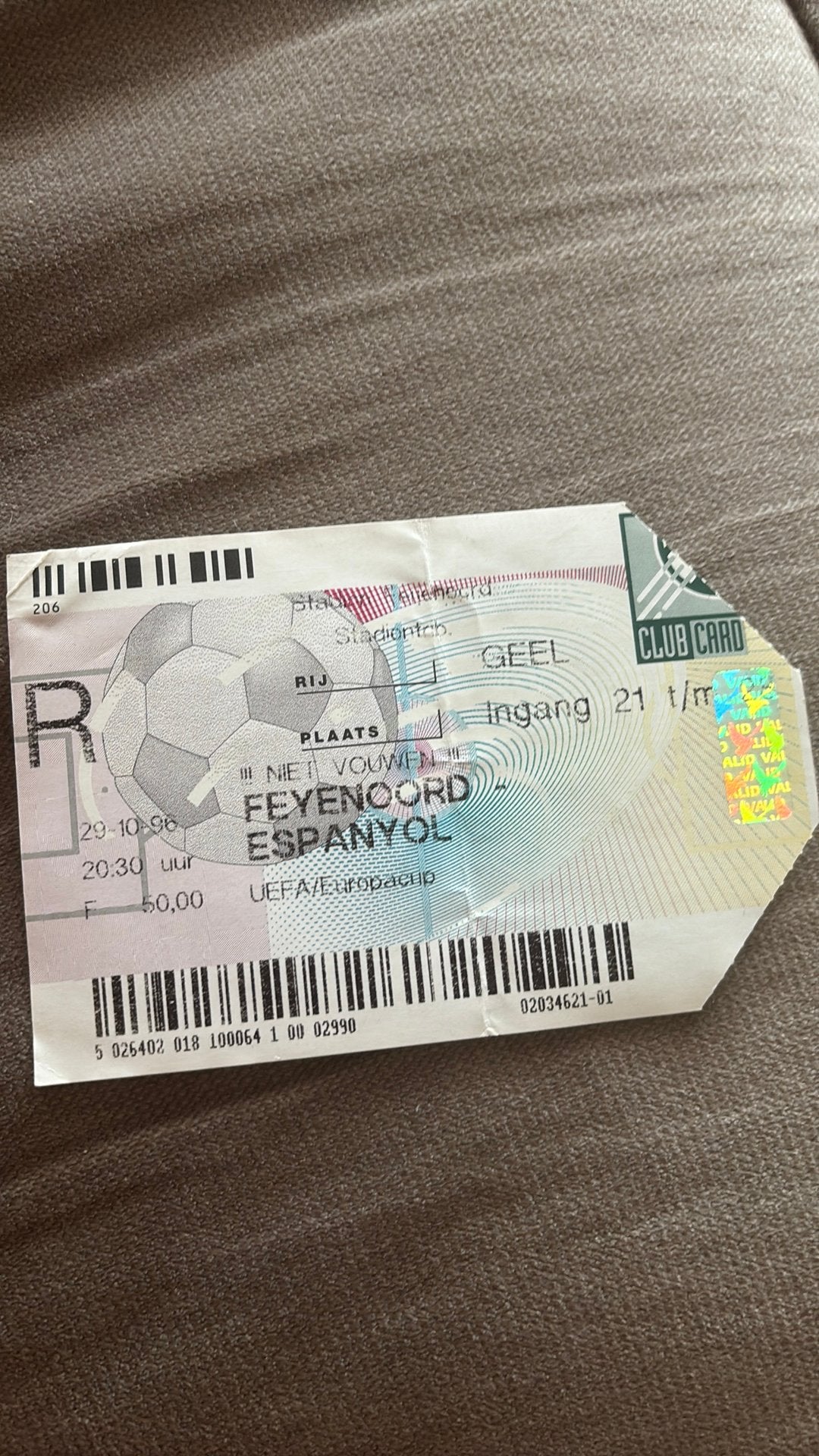Oud stadionticket Feyenoord espanyol 1996, Ophalen of Verzenden, Feyenoord